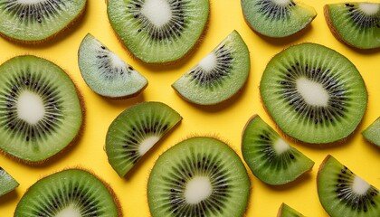 Fototapeta premium Kiwi pattern on pastel background, top view. Flat lay with fresh green kiwi slices. Minimal summer concept