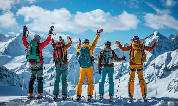 Six backcountry skiers with their hands and arms up in the air celebrating the good weather. Achenkirch, Tirol, Austria