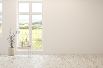 White empty room with summer landscape in window. Scandinavian interior design. 3D illustration