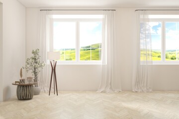 White empty room with summer landscape in window. Scandinavian interior design. 3D illustration