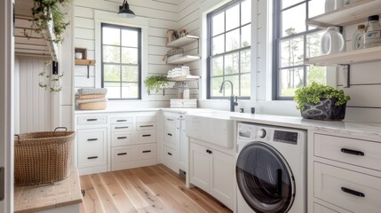 a bright and airy laundry room designed in farmhouse style, adorned with white cabinets, black...