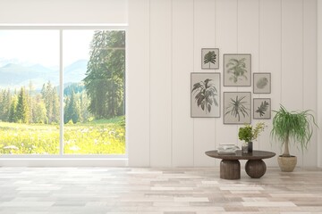 White empty room with summer landscape in window. Scandinavian interior design. 3D illustration