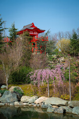 Column temple in a Japanese garden. A public landscaped park with green grass on the hills, flowering trees and a stone path for walking.	