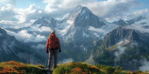 Lone hiker standing in front of a panorama in the mountains