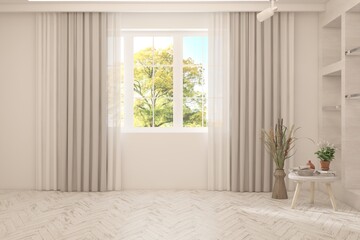 White empty room with summer landscape in window. Scandinavian interior design. 3D illustration