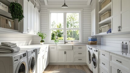 a bright and airy laundry room designed in farmhouse style, adorned with white cabinets, black...