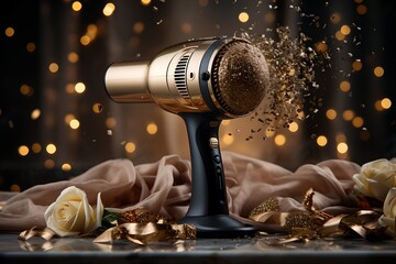 a gold colored hair dryer is on a table with gold foil and roses around it and a black background.. - obrazy, fototapety, plakaty