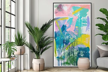 Abstract Oil Pastel Art Poster: Modern Design with Bright Pigments and Plant Accents