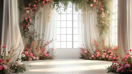 wedding backdrop aesthetic flower decoration indoor studio white background