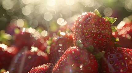 A close-up of freshly picked strawberries glistening in the sunlight, showcasing their vibrant red hue and juicy texture.