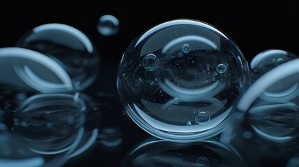   A collection of bubbles hovering above a darkened surface, mirrored by their reflections in the image's center