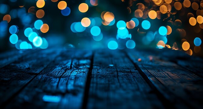 a wooden table topped with lots of lights in the dark night time