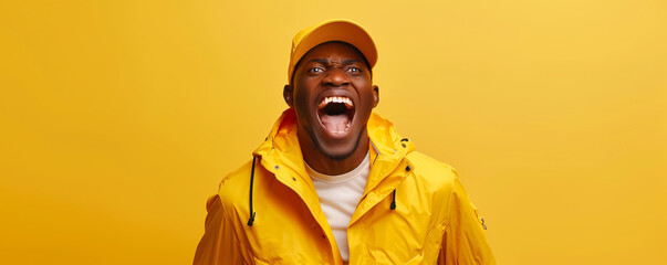 Joyful man laughing in yellow outfit against a yellow background