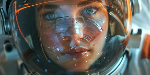 Close up of a female Astronaut in awe with reflection on visor