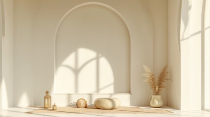 a room with a large arched window and a vase with a plant in it