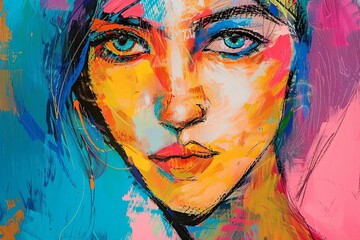 Vibrant Abstract Female Portraits: Modern Posters with Oil Pastels & Graphic Designs on Colorful Backgrounds