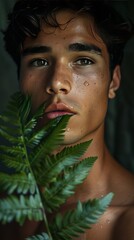 Young man portrait holding a fern leaf
