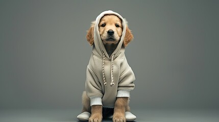 a cute puppy dressed in a gray knitted hoodie and pants, standing upright like a human being, in a realistic photography style, showcasing the full body of the golden retriever puppy.