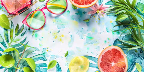 a watercolor painting of a grapefruit, lemon and sunglasses