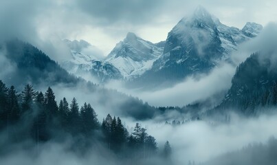 mountains in the fog