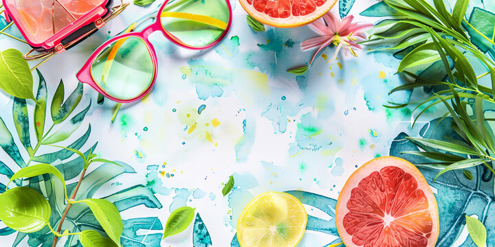 a watercolor painting of a grapefruit, lemon and sunglasses