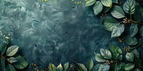 amazing lush background frame with a minimalist aesthetic in dark teal green and gold details