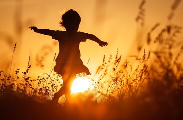 AI generated illustration of a young girl strolling in tall grass at sunset