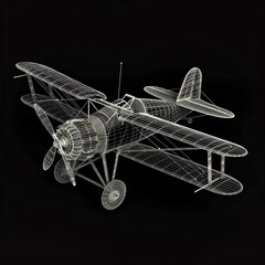 Vintage aircraft mesh wireframe, featuring biplane design and wing structure