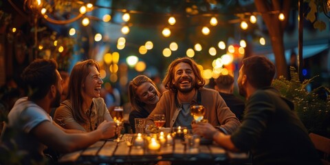 group of joyful friends enjoying an evening together at an outdoor cafe laughing and sharing a lighthearted moment - Powered by Adobe