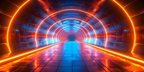 Abstract Neon Lines Tunnel with Orange, Yellow and Red Stripes.