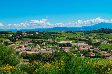 Panoramic aerial view of famous wine making village of Chateauneuf-du-Pape near Avignon,...