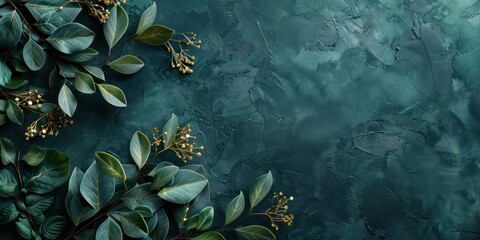 amazing lush background frame with a minimalist aesthetic in dark teal green and gold details