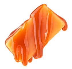 Caramel sauce flowing on caramel candy, isolated on a white background. Levitating caramel candy.