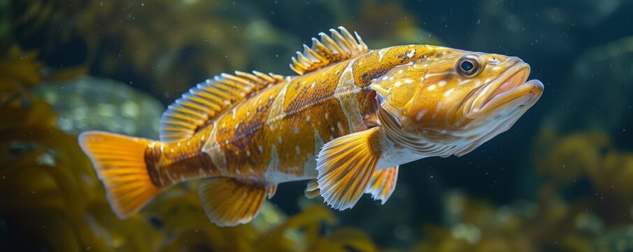 Large ling cod fish swimming underwater