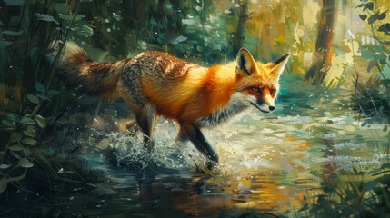 Naklejka premium A fox slinks through the underbrush, its fiery coat a splash of color against the muted forest floor, bright water color
