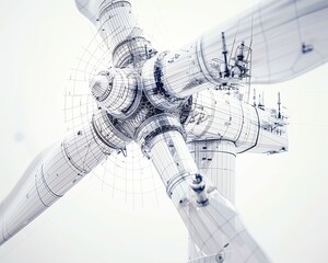 Complex mesh wireframe of a wind turbine, showing blades and internal mechanics