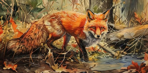 Fototapeta premium A watercolor painting of a red fox standing in a stream surrounded by autumn leaves and foliage