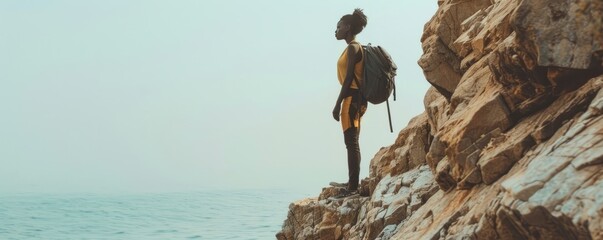 Black woman traveler standing on rocky cliff
