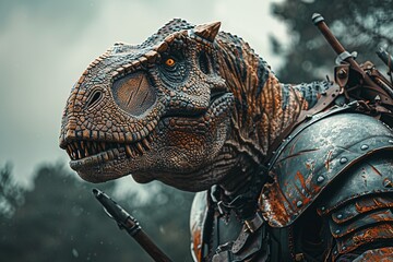Obraz premium Photograph of a fearsome Tyrannosaurus Rex equipped with intricate armor, showcasing the fusion of ancient strength and futuristic technology