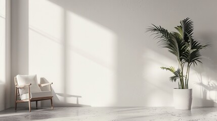 a chair and a plant in a room with white walls