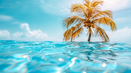   A palm tree sits in the midst of a tranquil body of water, framed by a backdrop of azure sky and fluffy clouds