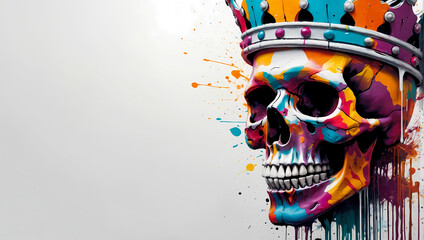 Colorful vivid graffiti illustration of a skull face with a crown on a clean white background