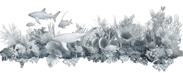 Detailed mesh wireframe of a coral reef, including various species of coral and fish