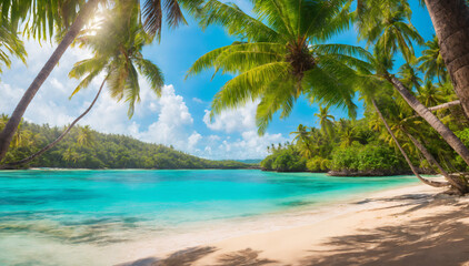 A view of a beach with palm trees and a clear blue ocean, tropical beach paradise, beautiful tropical island beach