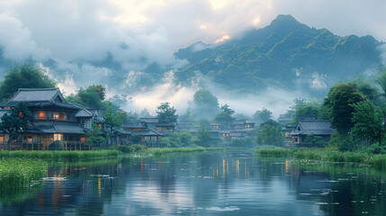 Fototapeta premium Illustration exploring the serene beauty of Japan landscapes