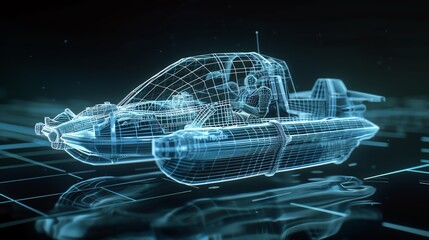 Futuristic hovercraft mesh wireframe, showcasing lift and propulsion systems