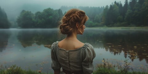Portrait of a woman in a rural dress in front of a moody lake