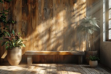 A cozy nook with a wooden bench and lush houseplants