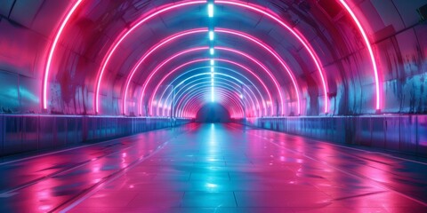 Abstract background of futuristic tunnel with bright neon lights created