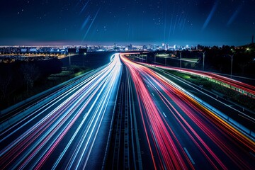 Red and White Light Trails: Futuristic Urban Highway Speed Motion